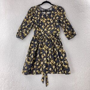 Free People Mini Dress Womens Size 8 Black Yellow Floral 3/4 Sleeve Tie Back